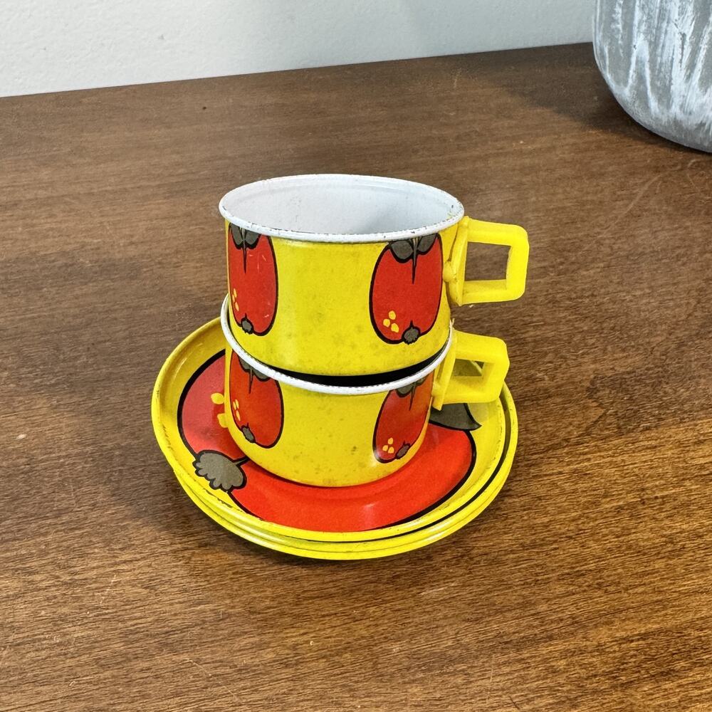 Vintage Tin Toy Tea Set 2 Cups 3 Saucers Red Apple Yellow Hong Kong Mid Century